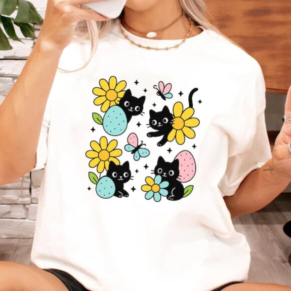 Tops - Easter Cat T-Shirt, Graphic Easter Day Cat Shirt Gift